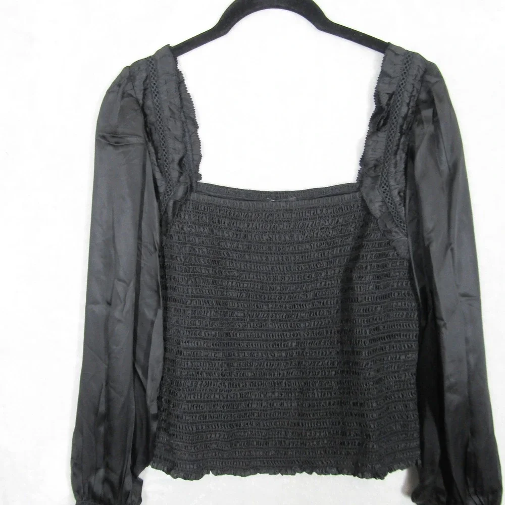 ME+EM Top Square Neck Lace Trim UK 10 US 6 Black Long Sleeve Smocked Coquette